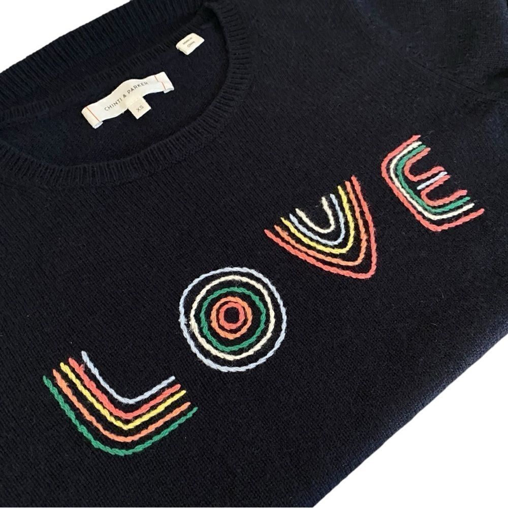 Chinti & Parker LOVE Embroidered Wool Cashmere Blend Black Sweater XS